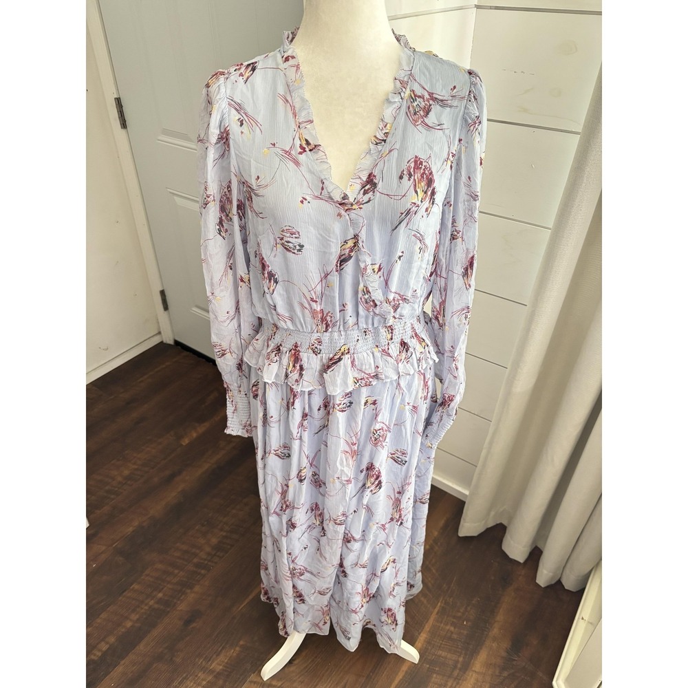 Joie Dress Womens Large Blue Floral‎ Silk Chiffon Maxi Ruffle Long Sleeve Boho